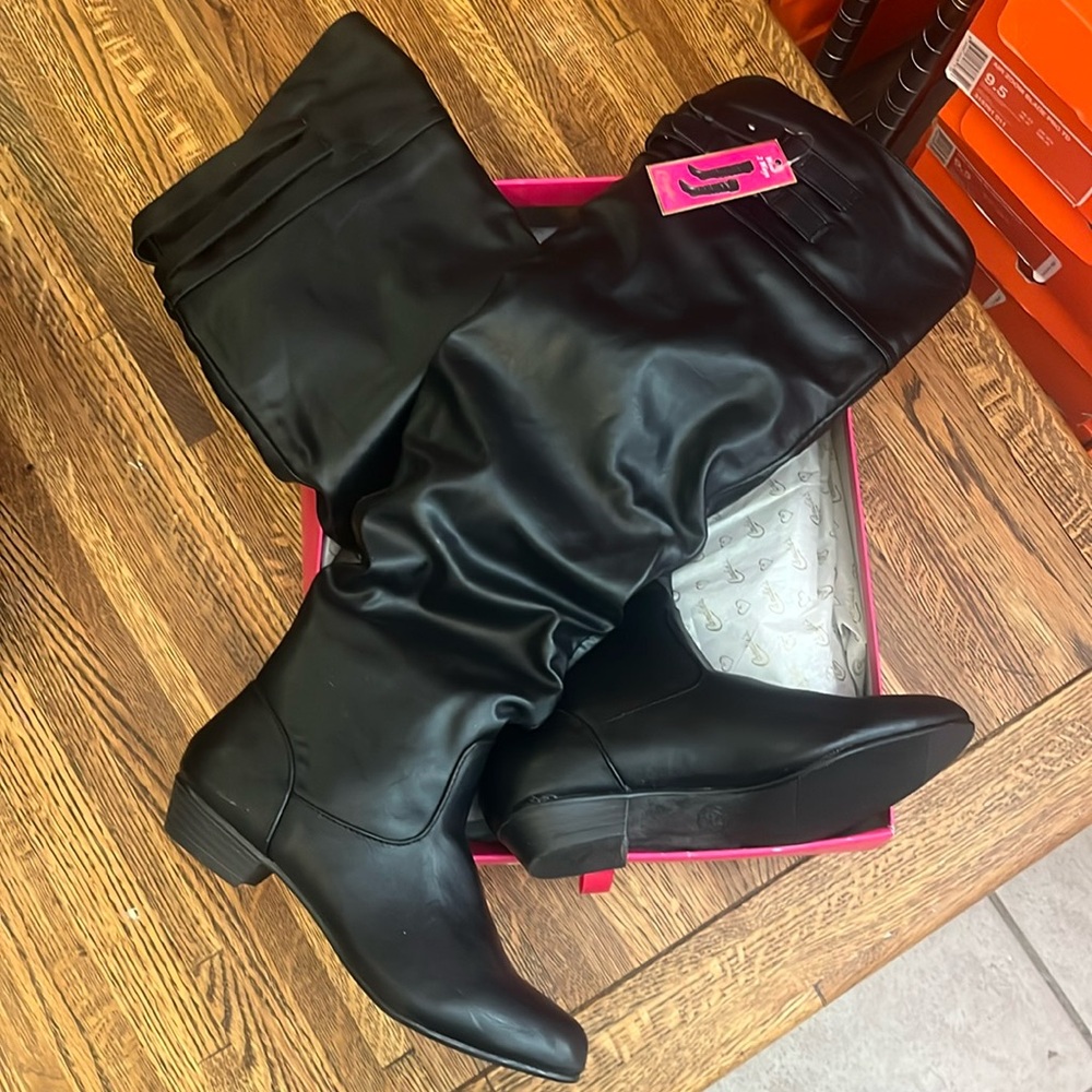 109 New box candies knee high faux black leather noble boot low heel women's 6